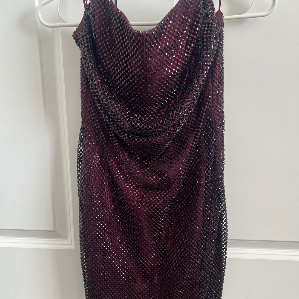 Zara Burgundy Sequin Mesh Strapless Mini Dress - Picture 3 of 8